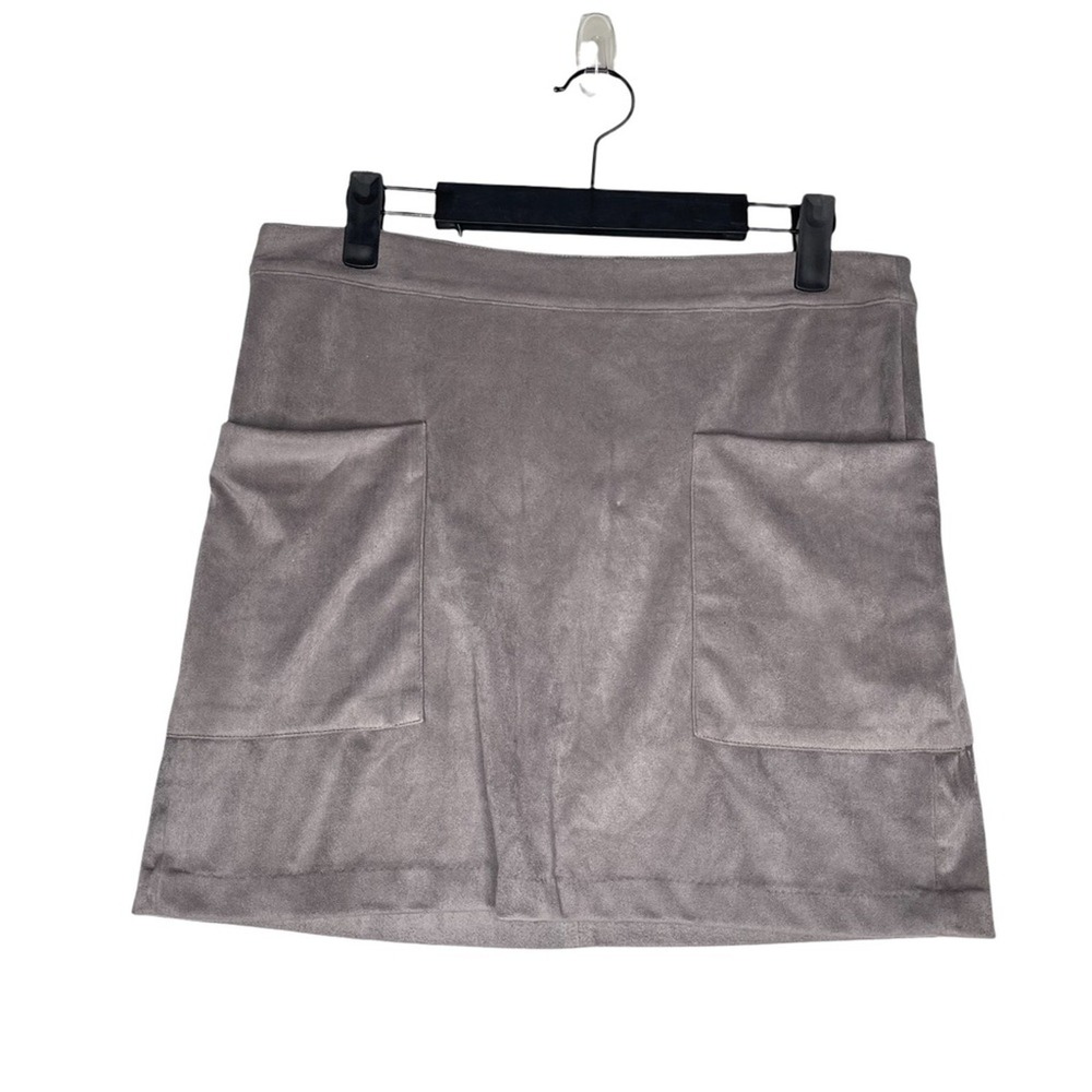 GXF Gray Faux Suede Mini Skirt Front Pockets Size 4 A-Line Zip Back Stretch